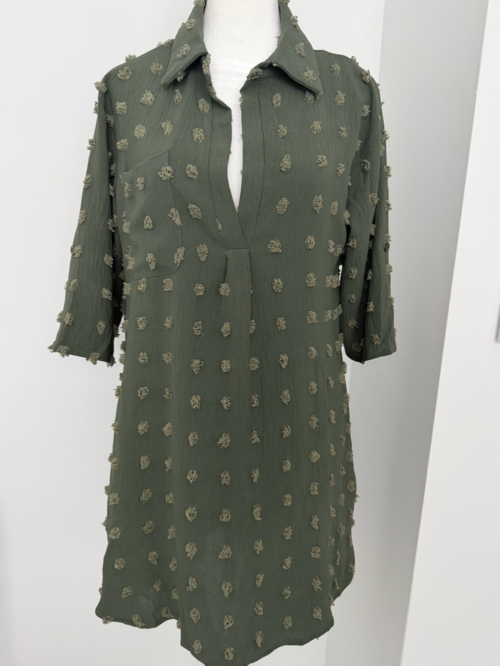 Olive Textured Popcorn Shirt Dress coverup